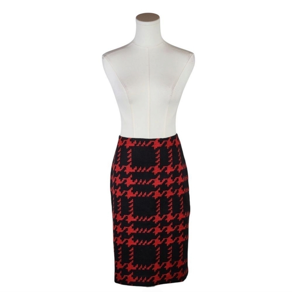 Talbots Red Black Houndstooth Wool Pencil Skirt Size 4 Classic Classic Casual